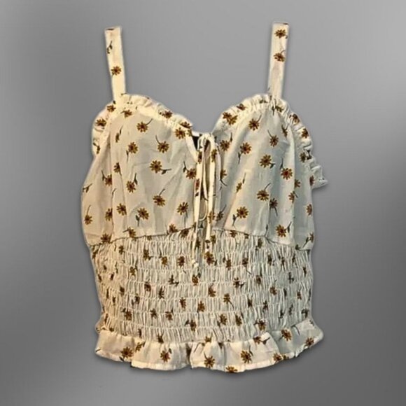 Sienna Top Smocked Bodice Adjustable Tie-Front Sky Sunflower Print Cream W US L - Picture 1 of 5